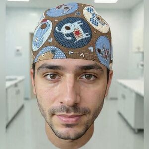 Cute Elephant Print Surgical Scrub Cap in Brown and Light Blue